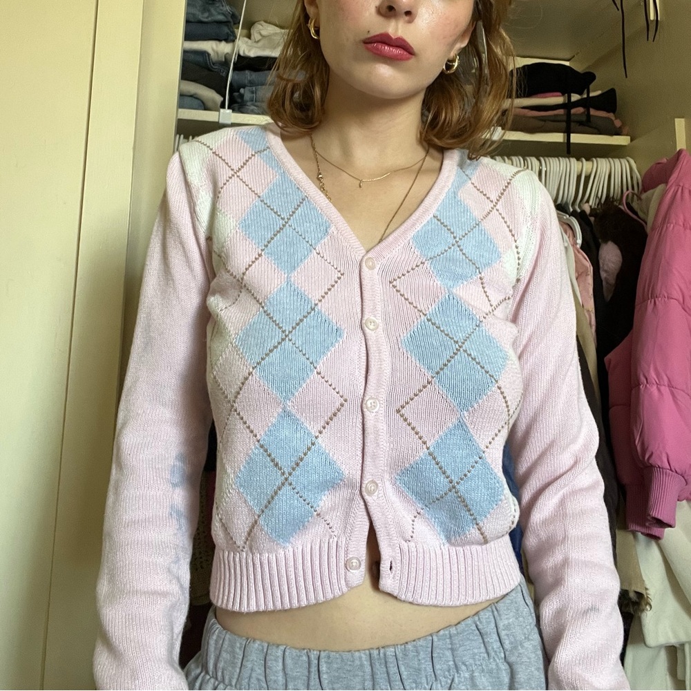 Brandy Melville pink and blue plaid cardigan